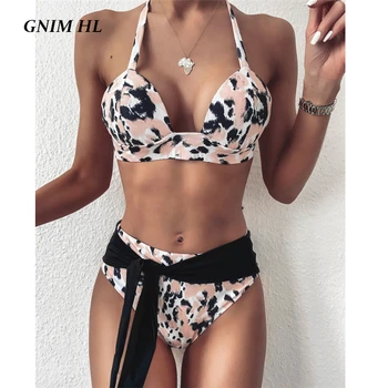 

GNIM High Waist Swimwear Women Push Up Leopard Bikini Mujer 2020 Summer Bandage Brazilian Swimuit Female Two Pieces Biquini New