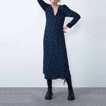 

Autumn women dress casual dot print V-neck long-sleeved dress Vestidos