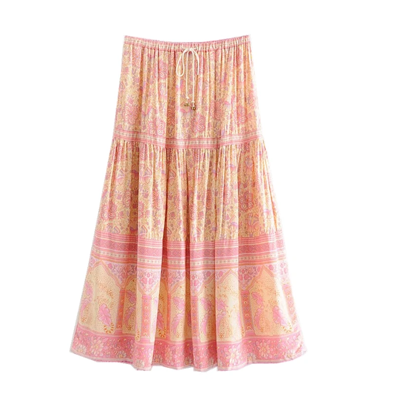 pink Винтажные шикарные модные женские хиппи пляжные богемные розовые юбки с цветочным принтом Высокая талия Макси А-силуэт вискоза Бохо Юбка Femme - Цвет: pink