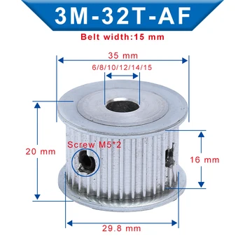 

3M-32T Pulley AF Shape Inner Bore 6/8/10/12/14/15 mm Aluminum pulley wheel Slot Width 16mm For 3M-Rubber Timing Belt Width 15mm