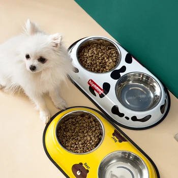 

Stainless Stee Dog Cat Pet Feeding Double Bowl Water and Food Feeder Combination Bowl Small and Medium-Sized Dogs Cats Supplies