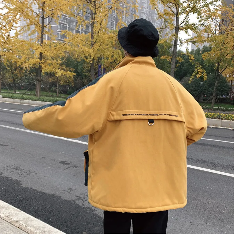 UYUK2019 Winter Jackets Mens New Color Contrast Casual Loose Fashion Trend Plus Velvet Thickening Tool Men's Cotton Coat Clothes