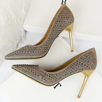 

2020 Women Stripper 9.5cm High Heels Gold Luxury Stiletto Pumps Lady Scarpins Pink Heels Sexy Crystal Wedding Bridal Office Shoe