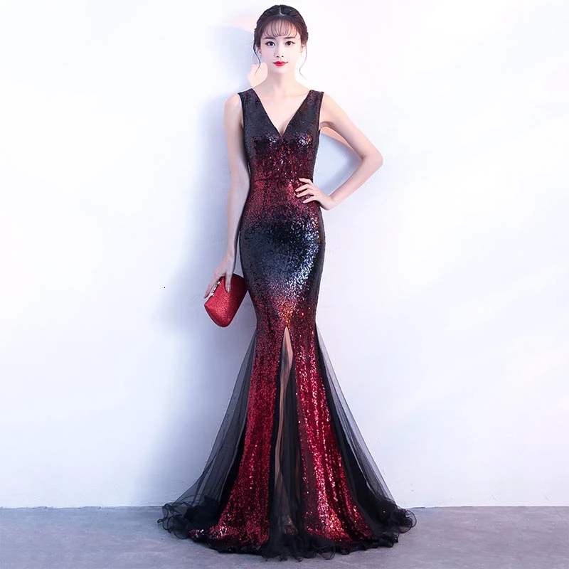 Sequins сексуальное платье Cheongsam с глубоким v-образным вырезом, китайское вечернее платье, длинное женское платье, элегантное платье Qipao для ночного клуба
