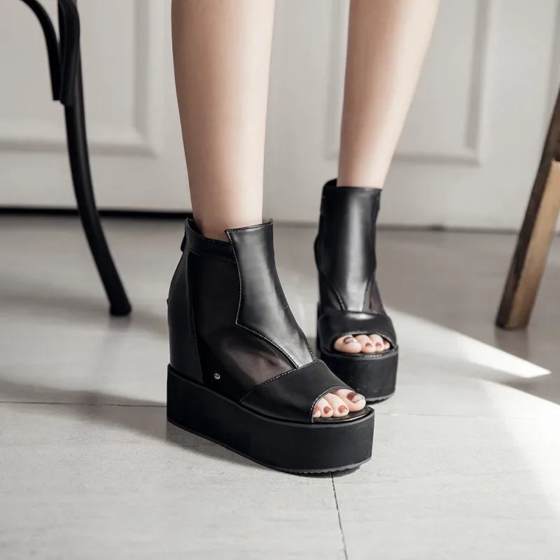 

Lady's Punk Thick Sole Creepers Sandals Peep Toe Platform Shoes Mesh Summer Ankle Boots Wedges Sandals Women Plus Size