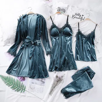 

Sexy Floral Lace Pajamas Set Women's Velvet Camisole Nightdress Bathrobe Lingerie Set 4PC Sexy Sleepwear Nightwear Pyjamas Hot