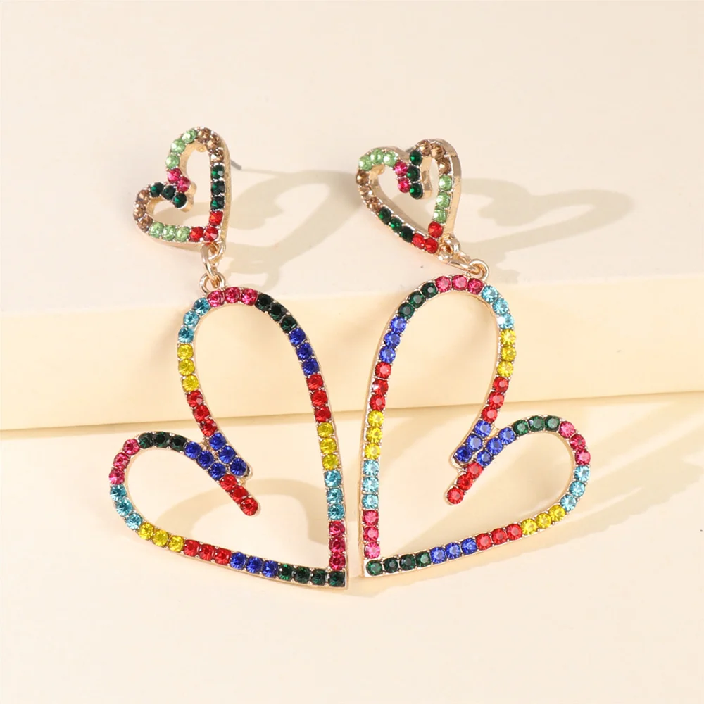 Luxury Rhinestone Earrings For Women Big Colorful Hearts Simple Korean Statement Wedding Costume Jewellery | Украшения и