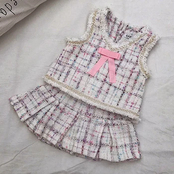

2019 Kids Set Children's Clothes Suit Autumn Small Fragrance Bow Burst Vest + Short Skirt Two-Piece Toddler Christmas Outfits