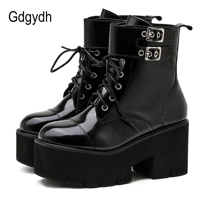 

Gdgydh Bright Patent Leather Women Boots Buckle Strap Chunky Heels Punk Style High Quality And Cheap 2021 New Spring Shoes Party