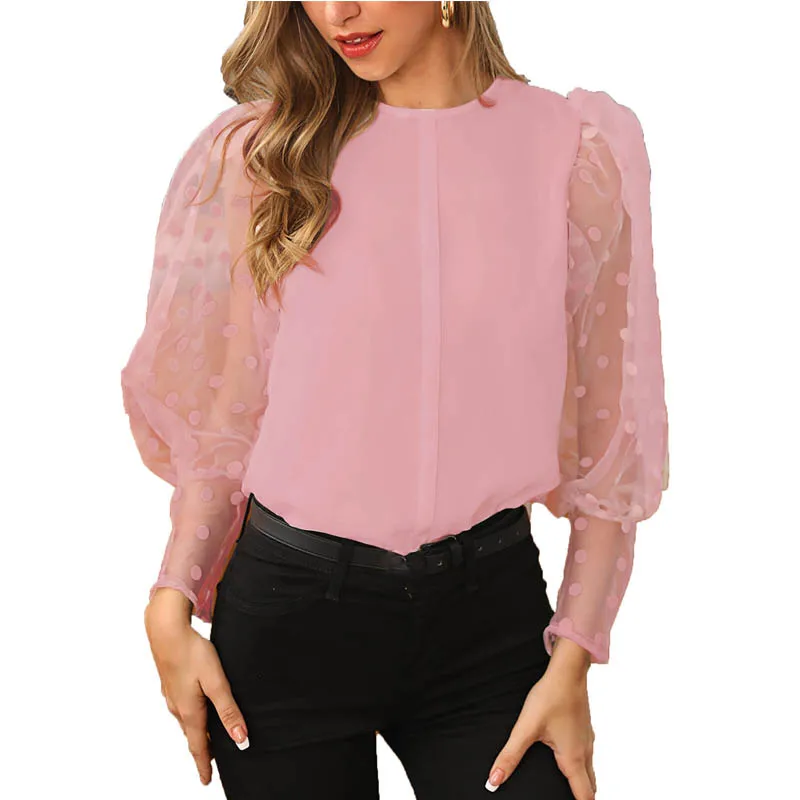 Винтажная блузка с прозрачным рукавом, сексуальная блуза в горошек с круглым вырезом, Женская Офисная рубашка, туника, повседневные свободные топы размера плюс, блузки