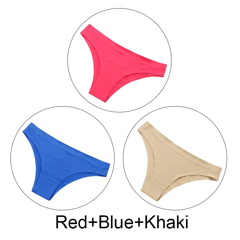 Red Blue Khaki 3 шт./партия, бесшовные стринги, шелк льда, соблазнительные женские трусики, нижнее белье, стринги, однотонное нижнее белье, низкая посадка, большие размеры, трусы женские - Цвет: Red Blue Khaki