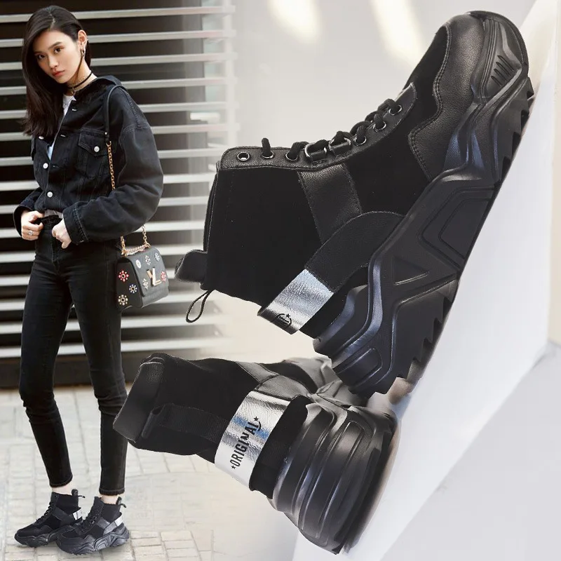 SWYIVY/кожаные черные кроссовки; Chaussure Femme; женская повседневная обувь; коллекция года; сезон весна; Модные женские кроссовки на платформе и высоком каблуке; Новинка