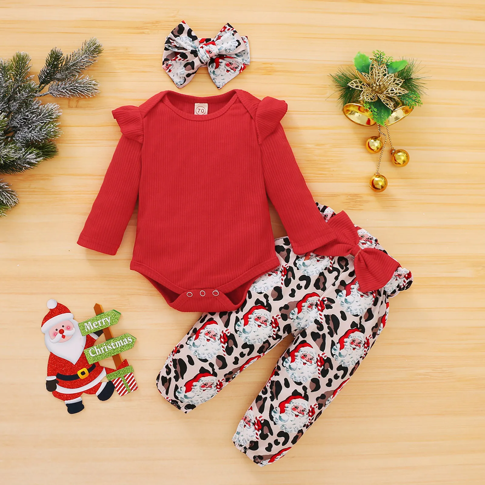 

3-18Months Infant Baby Girls Solid Ruffle Bodysuit Romper+Christmas Cartoon Pants Outfits Long sleeve disfraz elfo bebe warm M5