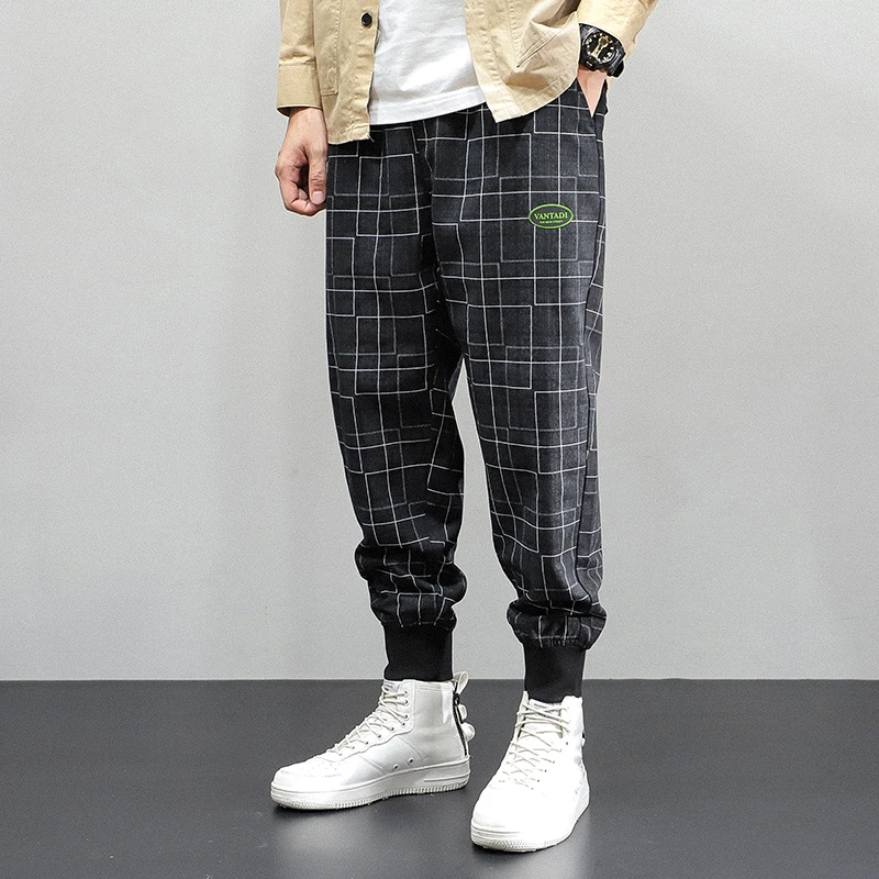 Japanese Vintage Fashion Men Jeans Loose Fit Plaid Designer Casual Cargo Pants Homme Wide Leg Harem Trousers Hip Hop Joggers Men