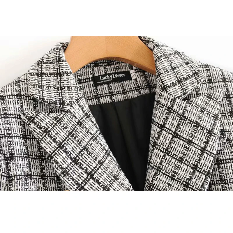 Маленький аромат плед с длинным рукавом лацканы Slim Fit Женское пальто Осень Корейская мода; Слим Женская куртка двубортная
