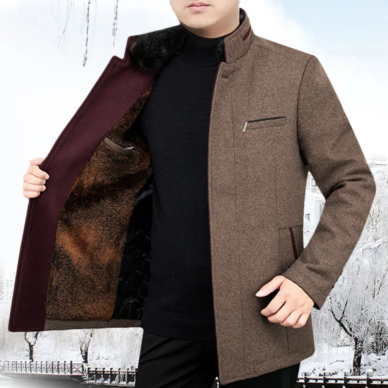 

2019 Autumn New Style Men Wool Coat Brushed And Thick Stand Collar Woolen Coat Coat Business Daddy Clothes