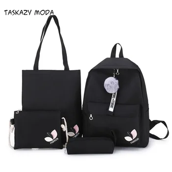 

Women 4Pcs Canvas Backpack Flower Embroidery Girls Rucksack Large Capacity Female Shoulder Bag Cute Fur Ball Student School Bags