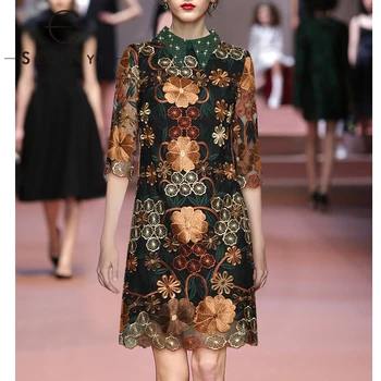 

SEQINYY Vintage Dress 2020 Summer Spring New Fashion Design Women Half Sleeve Embroidery Flowers Beading Luxury Mini Dress