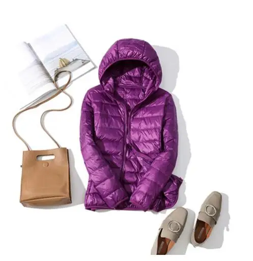 Зимний женский сверхлегкий тонкий пуховик, белый утиный пух, куртки с капюшоном, теплое пальто с длинным рукавом, парка, Женская портативная верхняя одежда - Цвет: Фиолетовый