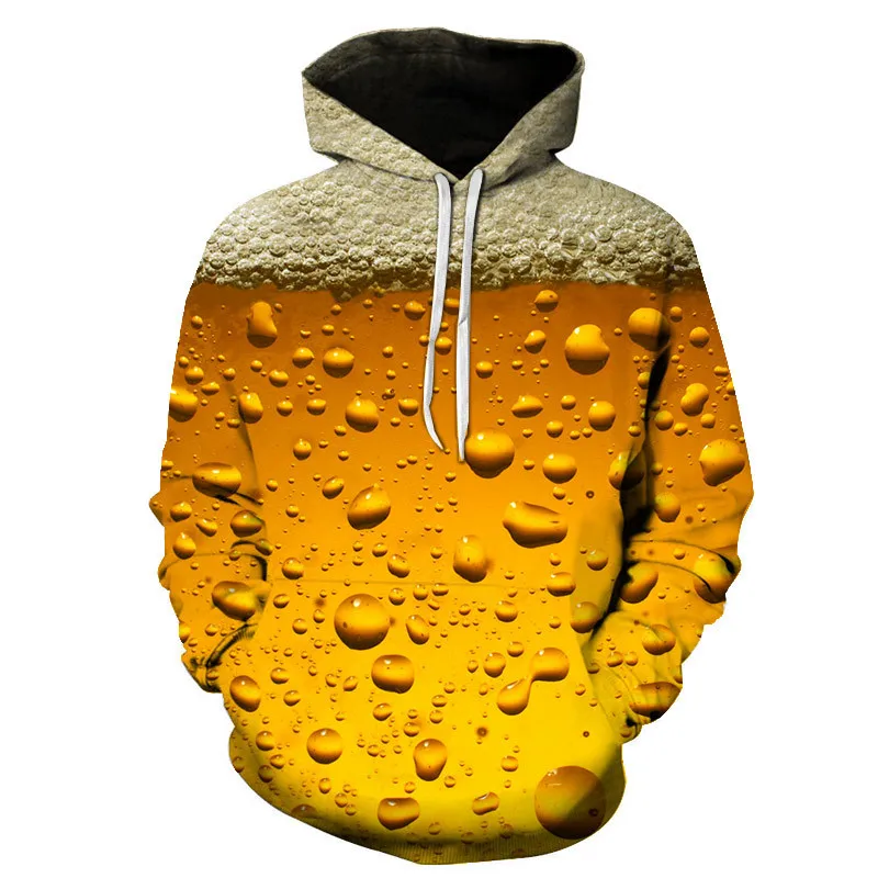 Men's Fashion 3D Beer Printed Hoodie Novelty Sanitary Clothes Hooded Sweatshirt Yellow Autumn Long Sleeved Pullover Top