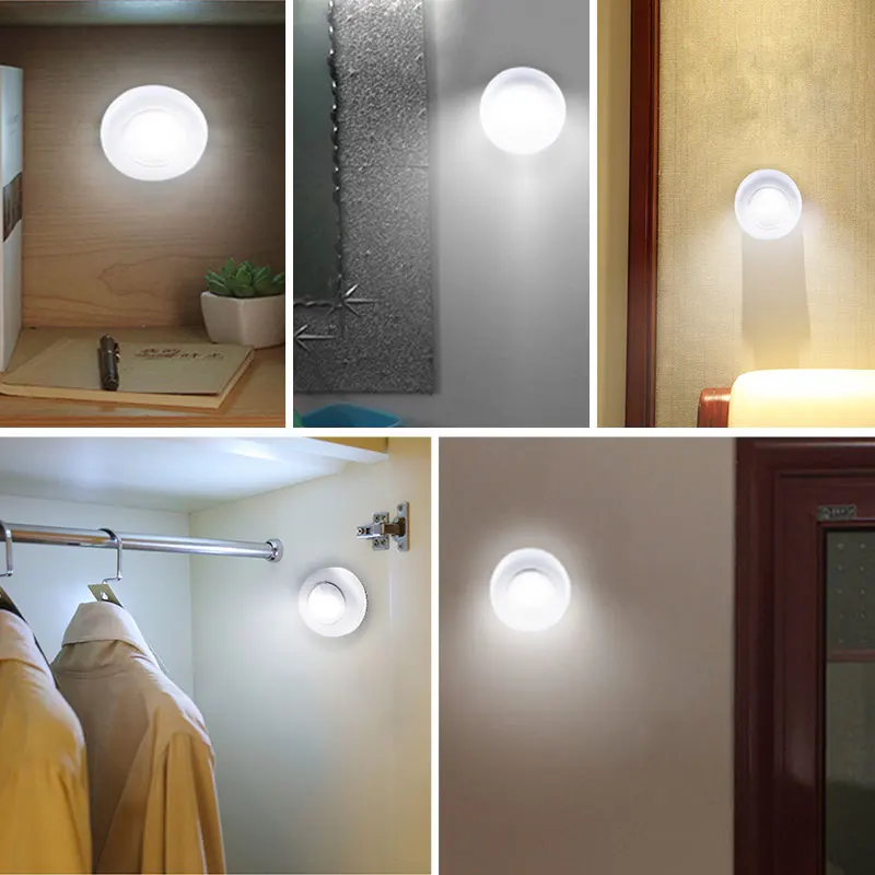COB круглая светодиодная подсветка под шкаф настенный шкаф для ламп шкаф для шкафа кухонный светильник Sticky DIY ночной Светильник нажимной переключатель