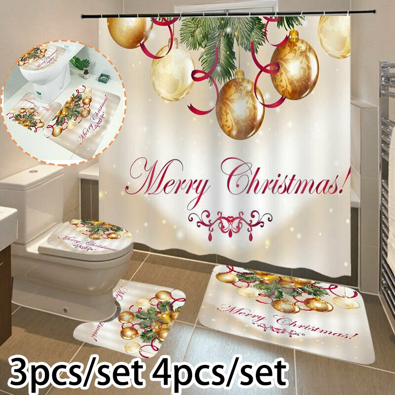 decorative Christmas Modern Bathroom Shower Curtain Mat Set Toilet lid Cover seat carpet for home xmas decor