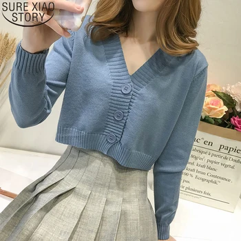 

Fashion Knitted Sweater Women Sweet Crop Cardigan Casual Korean Short Length Sweater Long Sleeve V Neck Green Blue Tops 10922