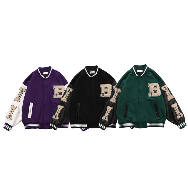 Aolamegs Furry Bone Letter Patch Color Block Patchwork 3 color Optional Harajuku College Style Bomber Jacket Men Baseball Coats 3