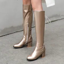 Женские сапоги до колена золотого и серебряного цвета сапоги на квадратном каблуке с боковой молнией женские зимние универсальные высокие сапоги-трубы для женщин