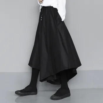 

Korea High Elastic Waist Black Asymmetrical Long Wide Leg Trousers New Loose Fit Pants Women Fashion Spring Autumn 2020 1N532