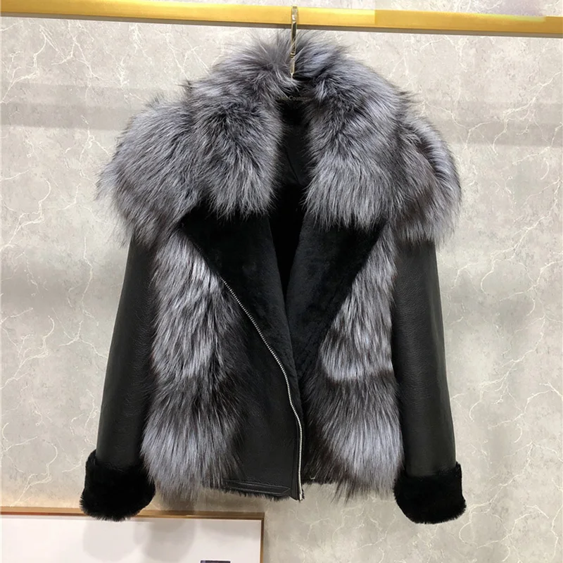 Women Sheepskin Coat With Real Sheep Fur Inside And Natural Raccoon Fur Collar Silver Fox Fur Trim Winter Jacket For Women Warm