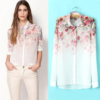 White Spring Women Fashion Blouse Flowers Printed Chiffon Shirts Spring Long Sleeve Shirts For Women Size S M L