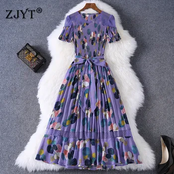 

Fashion Designer Women Short Sleeve Summer Clothes 2020 New Elegant Lady Geometric Print Mesh Patchwork Pleated Dress