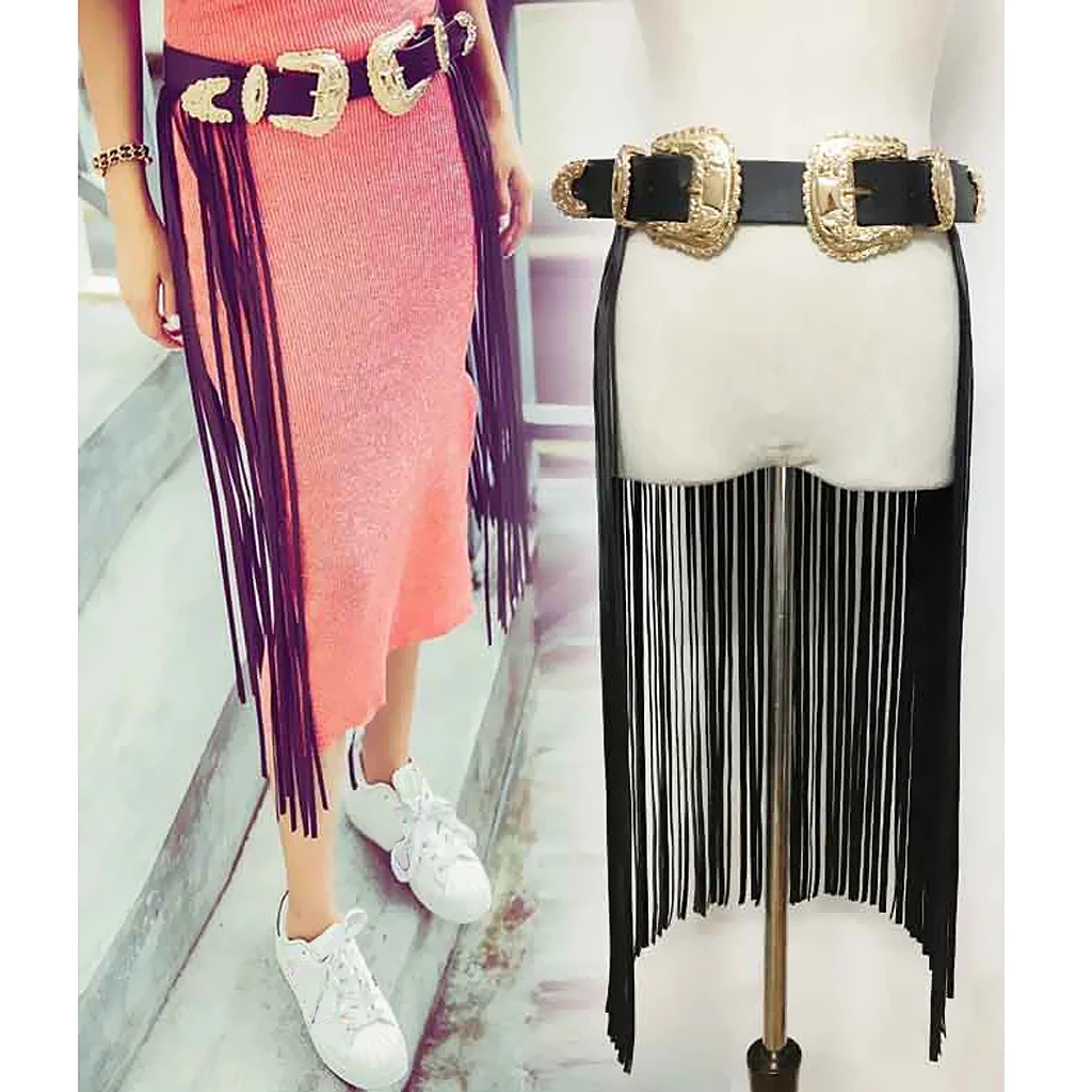 Women Tassels Leather Skirt Summer Fashion Adjusted Belts Long Fringe Dress