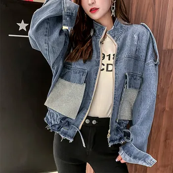 

Patchwork Bright Drill Basic Denim Female Jacket Autumn 2019 Long Wide Sleeve Oversized Jackets For Women Vintage Female Coat