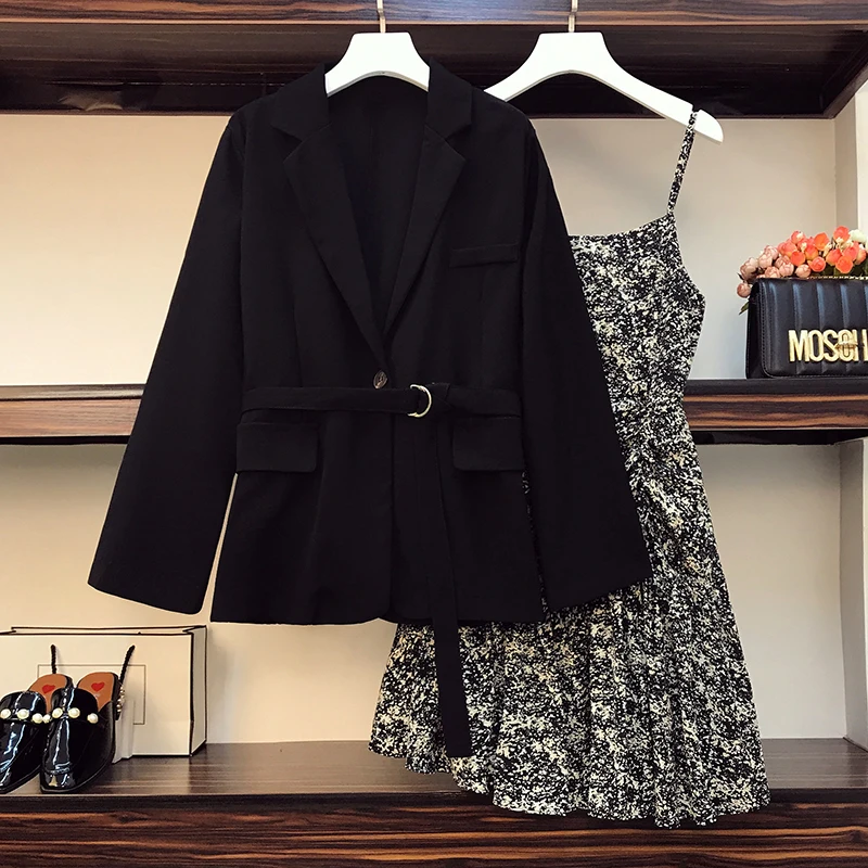 Blazer Dresses Women Plus Size Coat and Floral Sling Vestidos Two Piece Sets Business Office Wear Ladies Dress Suits Autumn 2020