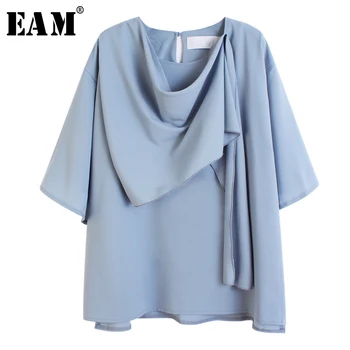 

[EAM] Women Blue Irregular Split Joint Big Size T-shirt New Round Neck Half Sleeve Fashion Tide Spring Summer 2020 1U391