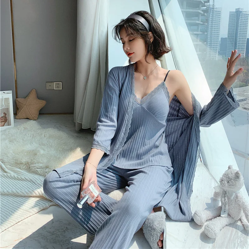 Autumn Winter 3 Pieces Pajamas Set Women Sexy 100% Cotton Pajamas Sleepwear For Women Sleeveless Strap Nightwear Long Pant Robe