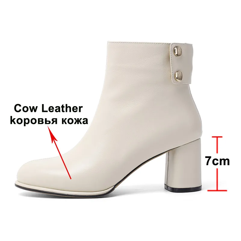 ANNYMOLI Autumn Ankle Boots Women Natural Genuine Leather Block High Heel Short Boots Zip Round Toe Shoes Female Winter Size 39