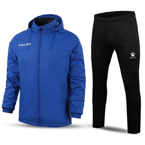 KELME, Спортивная мужская и женская футбольная куртка, тренировочная куртка для бега, пешего туризма, водонепроницаемые плащи, куртка с капюшоном, верхняя одежда K15S604 - Цвет: Flash Blue Suit