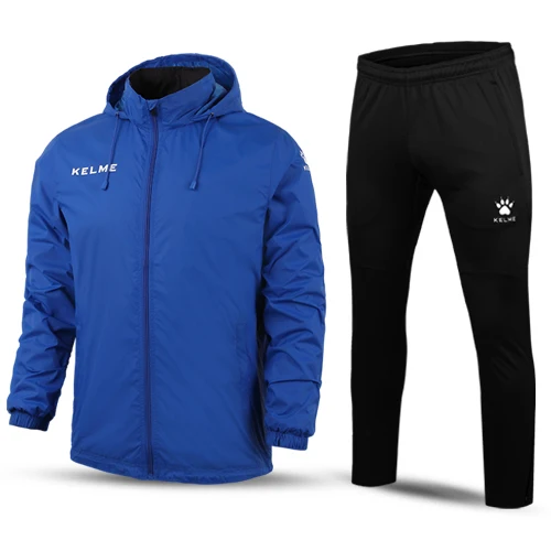 Flash Blue Suit KELME, Спортивная мужская и женская футбольная куртка, тренировочная куртка для бега, пешего туризма, водонепроницаемые плащи, куртка с капюшоном, верхняя одежда K15S604 - Цвет: Flash Blue Suit