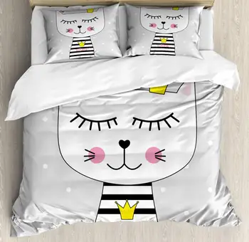 

Cat Duvet Cover Set Princess Kitten with Meow Text on Shirt and a Crown Decorative 3 Piece Bedding Set with 2 Pillow Shams King