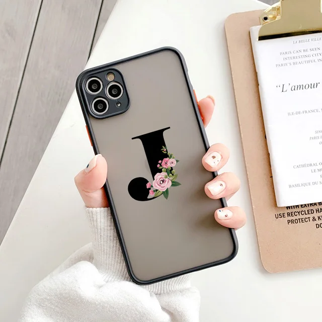 Elegant Black Letter Flower Matte Phone Case - Fashionable Protective Shell