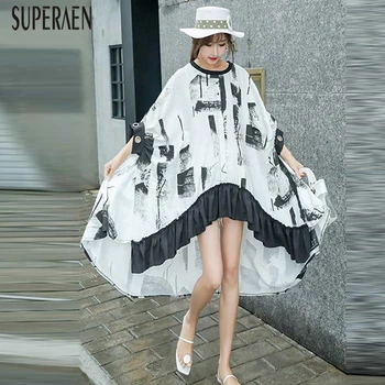 

SuperAen Europe Pluz Size Women Dress Summer 2020 New Fashion Ladies Dress Bat Sleeve Round Collar Women Clothing