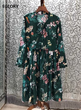 

Newest Fashion Dress 2019 Autumn Style Ladies Bow Collar Charming Floral Print Long Sleeve Mid-Calf Length Green Dress Woman
