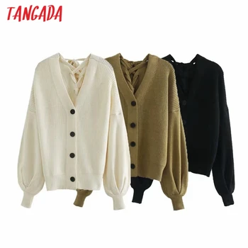 

Tangada 2020 Autumn Winter Women Knitted Cardigan Sweater Jumper Back Lace Up Vintage Long Sleeve Female Outerwear 4Q1