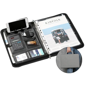 A4 Portable File Folder with Calculator Binder Organizer Manager Office Document Pad Briefcase PU Leather Padfolio Bag Customize ruize office supplies leather folder organizer padfolio soft cover 4 ring binder big a4 file folder with calculator and notepad