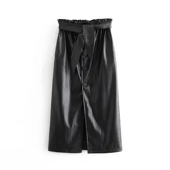 

women pu leather skirts 2019 fashion girls ladies black solid buttons waist lace bow open empire female winter cool long skirts
