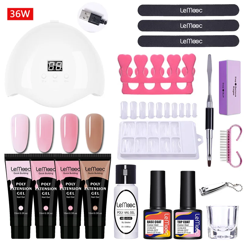 

LEMOOC Poly Extension Nail Set Full Manicuring Set Poly UV Gel Set With 36W UV Led Lamp Brush Soak Off Nail Art Tools Kit
