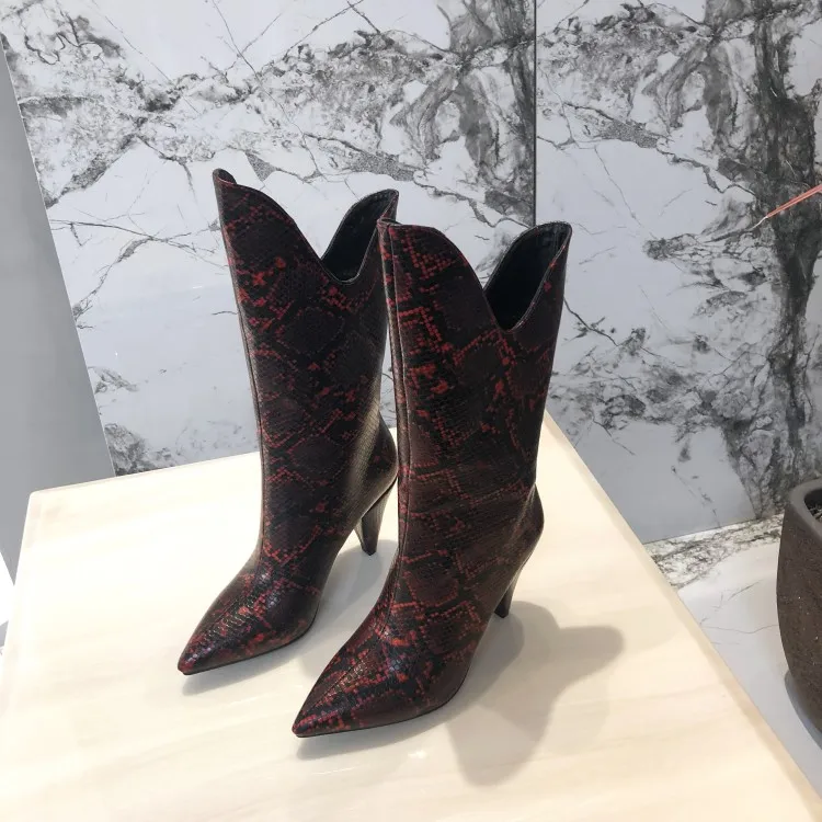 Snake Skin Pu Spike Heels Mid-Calf Boots Women High Heels Booties Female Party Shoes Ladies Pointed Toe Shoes Women Winter